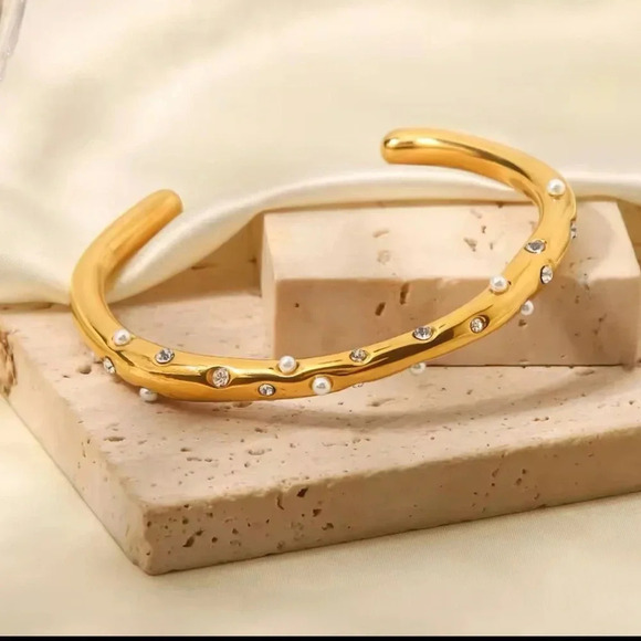 Milena 18K Gold Stainless Steel Pearl Crystal Cuff Bracelet - Picture 2 of 7